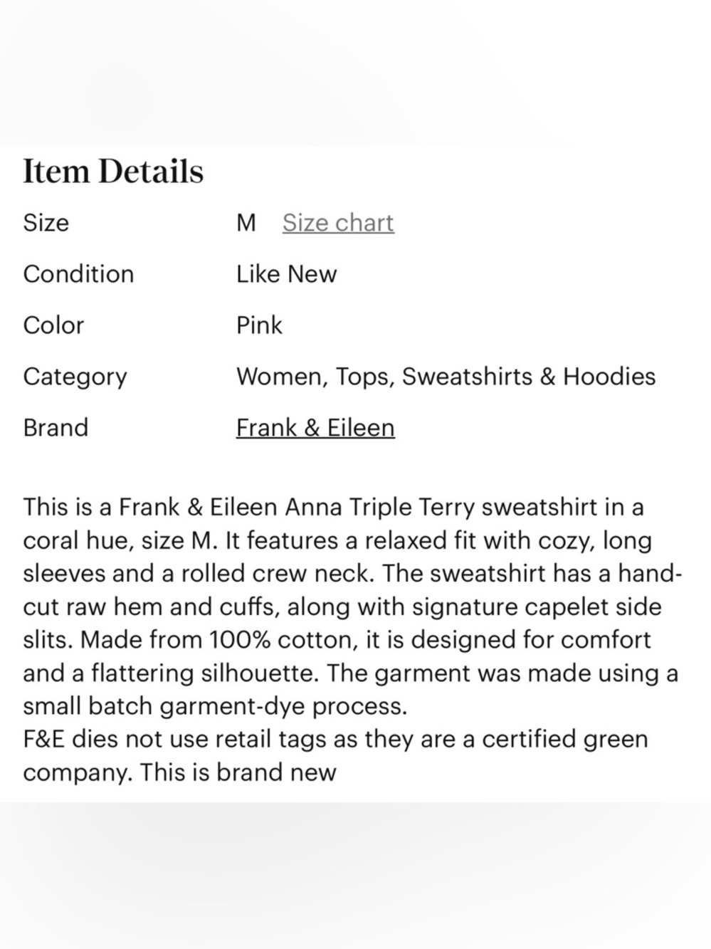 NWT Frank and Eileen Anna Triple Terry Medium Passion Fruit (Coral) never worn - Picture 7 of 9